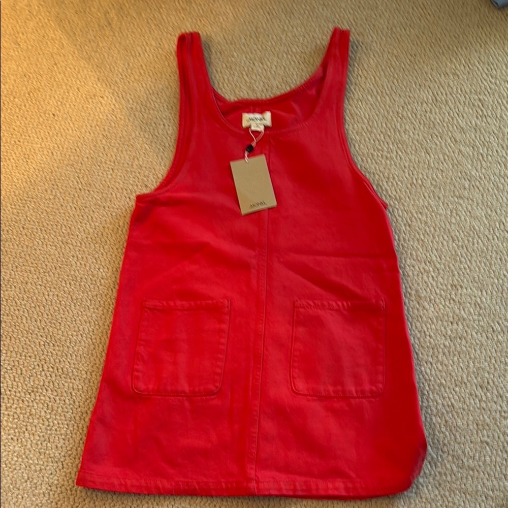 Red Denim Sleeveless Mini Dress with Pockets - Red